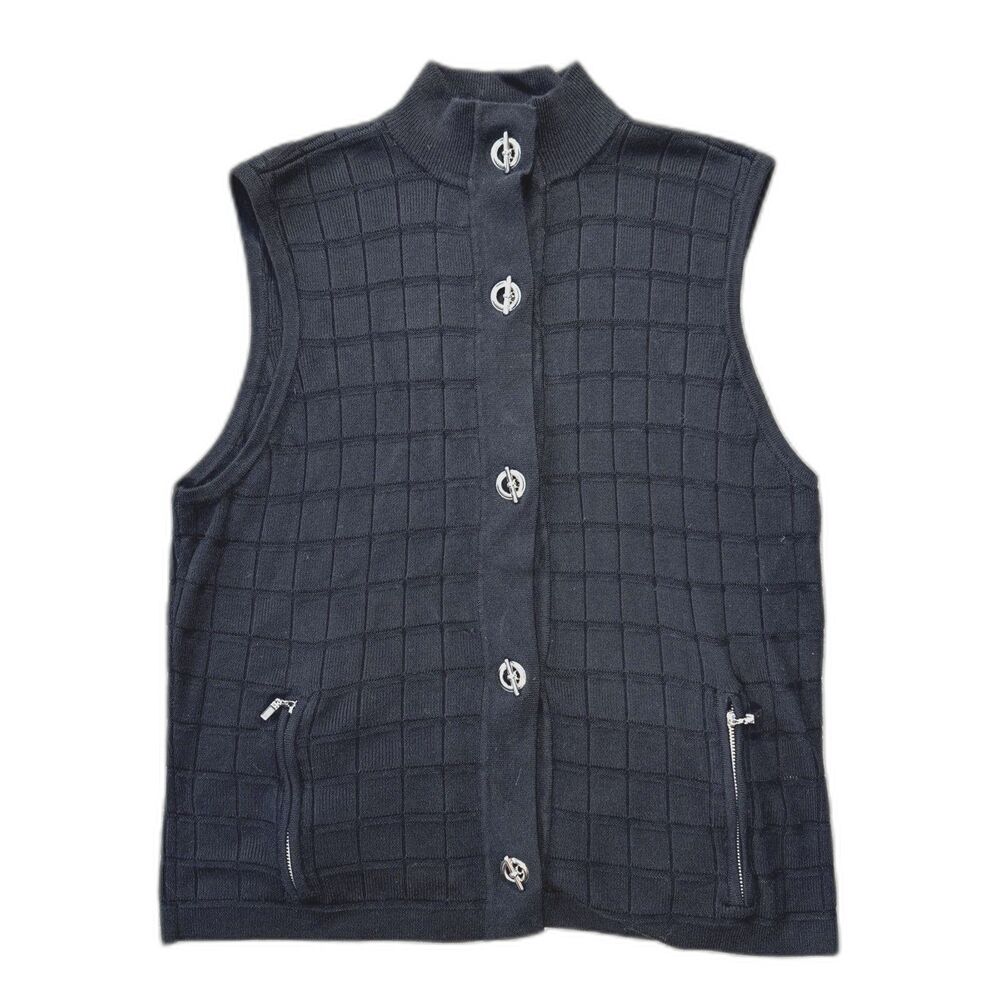 Jamie Sadock Knit Vest Women Medium Black Silver Toggle Button Classic Layer Top